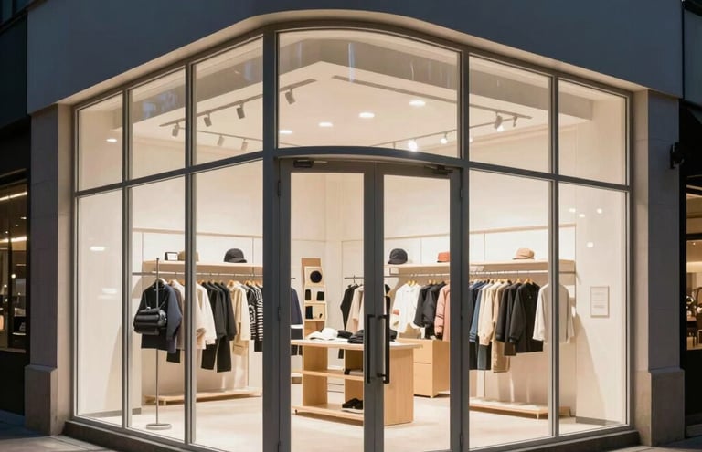 Wide-angle exterior shot of a commercial retail storefront at night, perfectly illuminated, showing crystal-clear optical security glazing retrofitted into the metal frame.