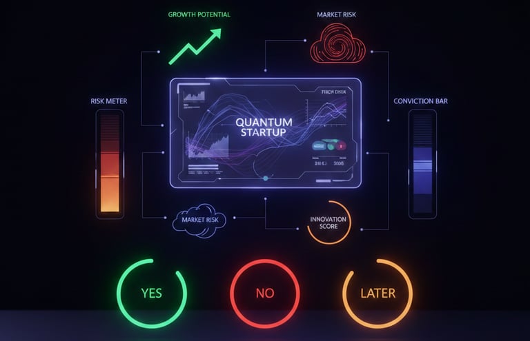 Holographic investor decision board with Yes, No, and Later options influenced by conviction and ris
