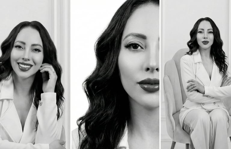 Black and white portrait triptych of a professional woman with long wavy hair in a white power suit.