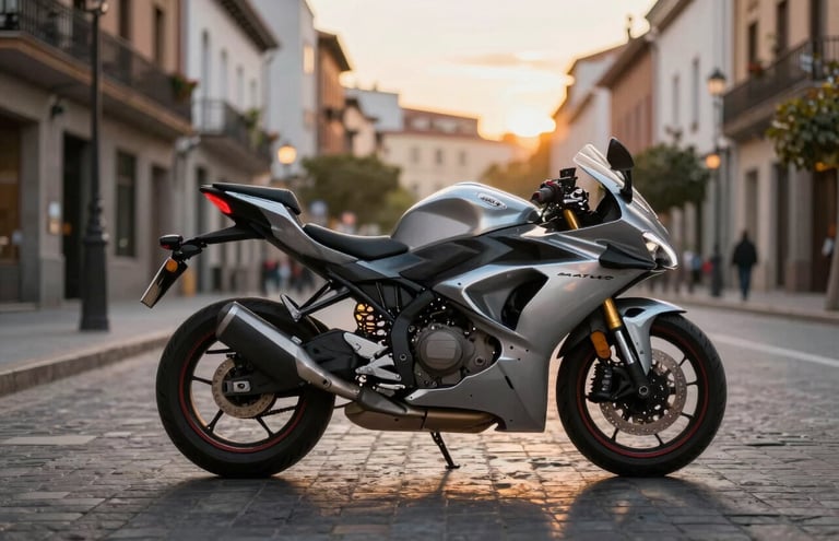 A sleek silver urban motorcycle parked on a modern cobblestone street in Madrid, evening golden hour lighting, cinematic style, Southern European architecture in the blurred background, focusing on the bike's metallic details.