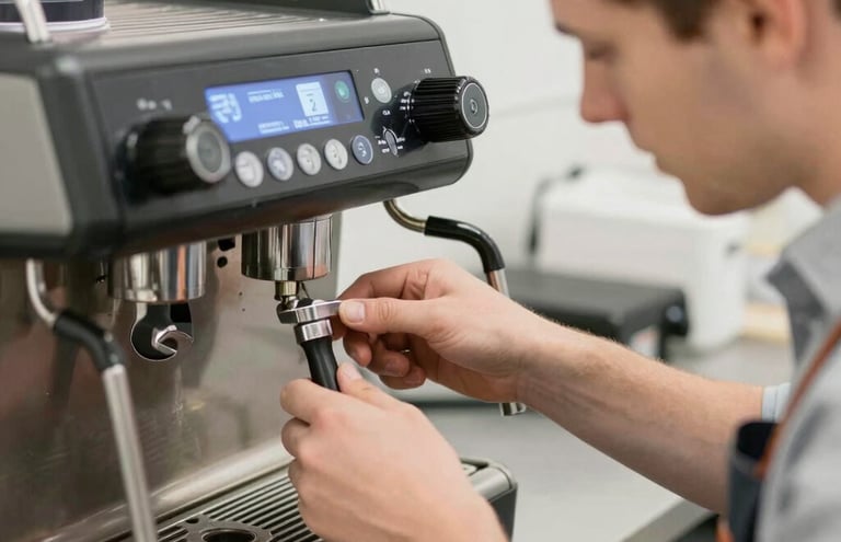 A service van parked outside a bustling café with an engineer carrying tools inside.