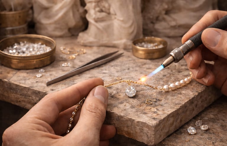 Joyero usando un soplete para soldar un colgante de oro con diamante, perlas y herramientas