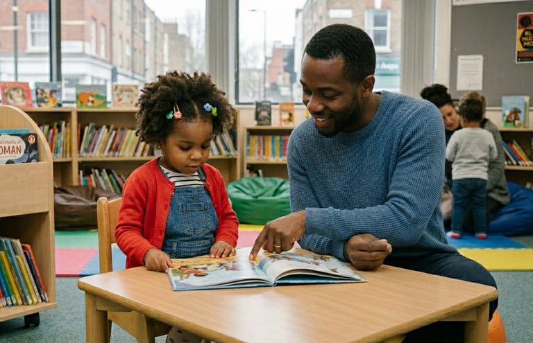 A 3 year old girl at the library with her dad.