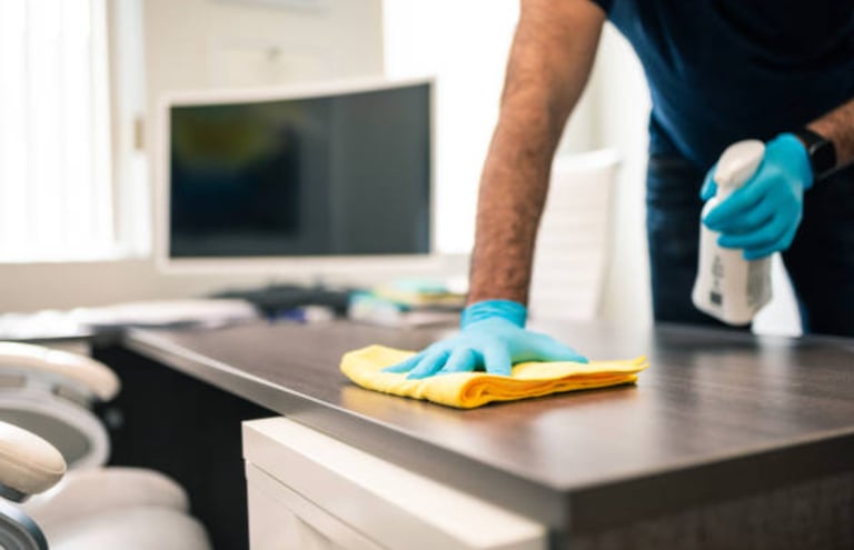 Man cleaning office desk