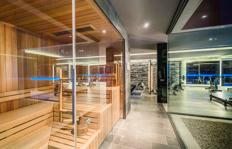 Spa area with sauna and glass gym