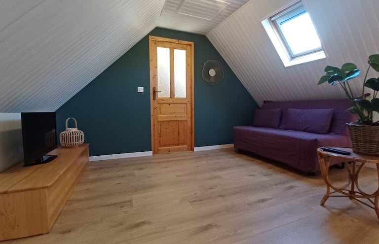 Espace mezzanine cosy avec canapé, télévision et coin lecture pour se détendre à l'étage.