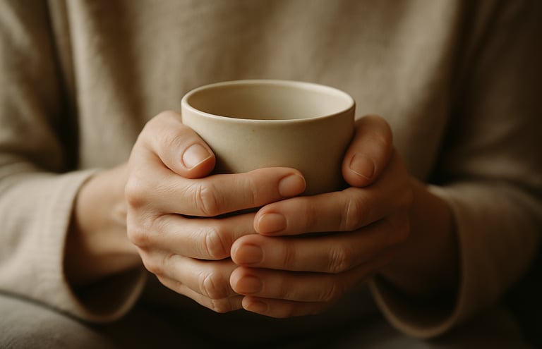 a close-up of hands wrapped around a cup, soft light on skin.
