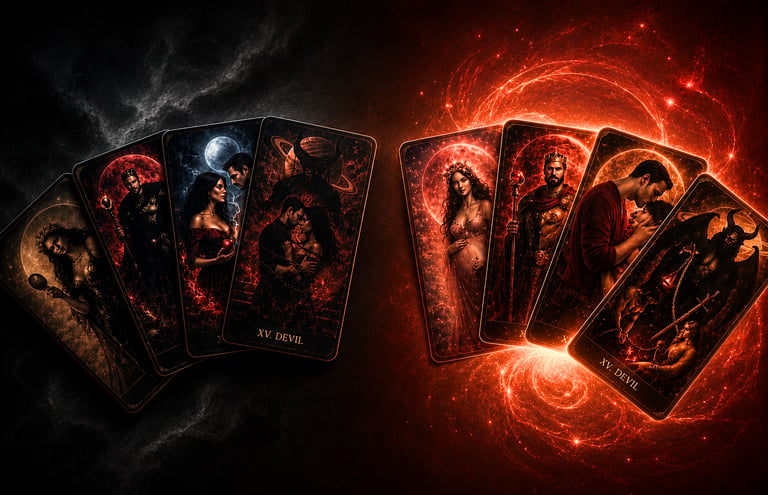 A collection of dark fantasy tarot cards including the Devil card displayed against a glowing red nebula background.