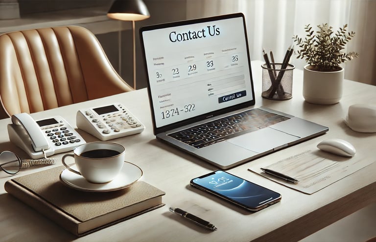 a laptop computer on a desk with a phone and a text Contact Us on the laptop screen