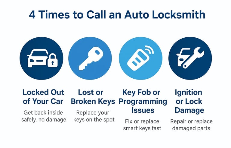 Pictograph showing four reasons to call an auto locksmith: locked out, lost or broken keys, fob programming, ignition repair