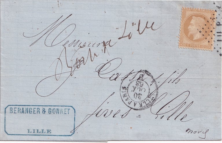 Letter franked at 10 c (rate of 01/01/1863) placed in the mobile box at LILLE station