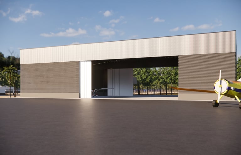 Hangar para aeronaves agrícolas com pátio de descontaminação de pulverizadores