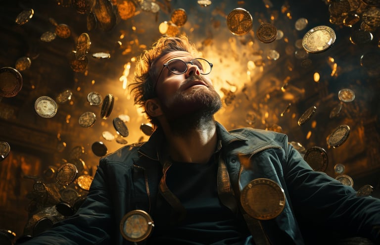 Hombre con barba y gafas mirando hacia arriba, con monedas de oro cayendo al fondo.
