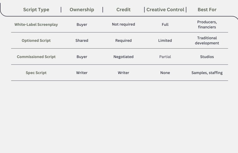 White-Label Screenplays vs. Other Script Types Table
