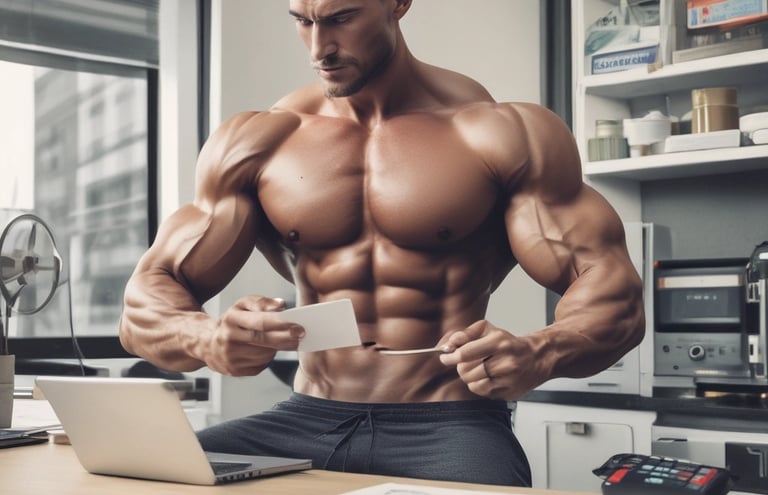 A close-up view of a fitness watch with a red strap placed on a textured purple exercise mat. Beside the watch are two large blue dumbbells with white branding on the ends.