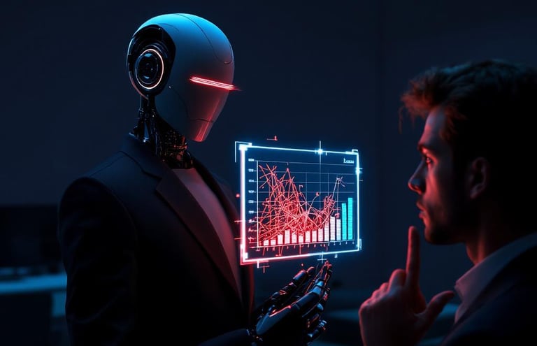 Un robot con traje presenta un plan de negocios erróneo a una persona que lo mira con escepticismo..