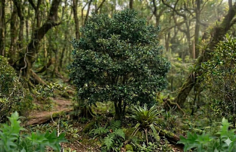Árvore de espinheira-santa em uma densa floresta tropical, com samambaias ao redor
