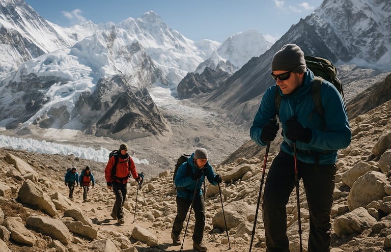 Guide supporting trekkers near Everest Base Camp at high altitude.