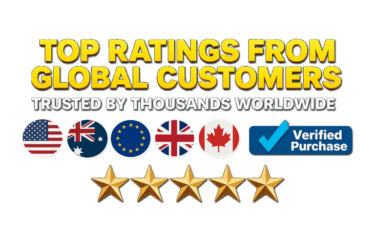 Top ratings from global customers badge featuring international flags and five gold stars.