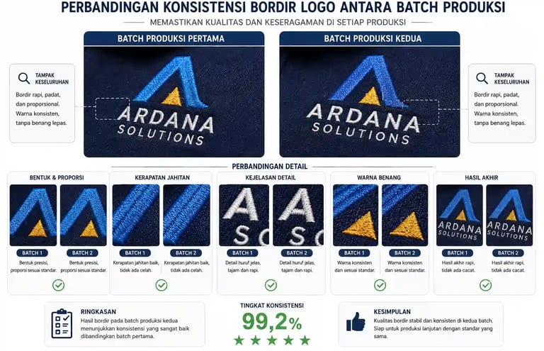 perbandingan visual konsistensi bordir logo antara batch produksi pertama dan kedua