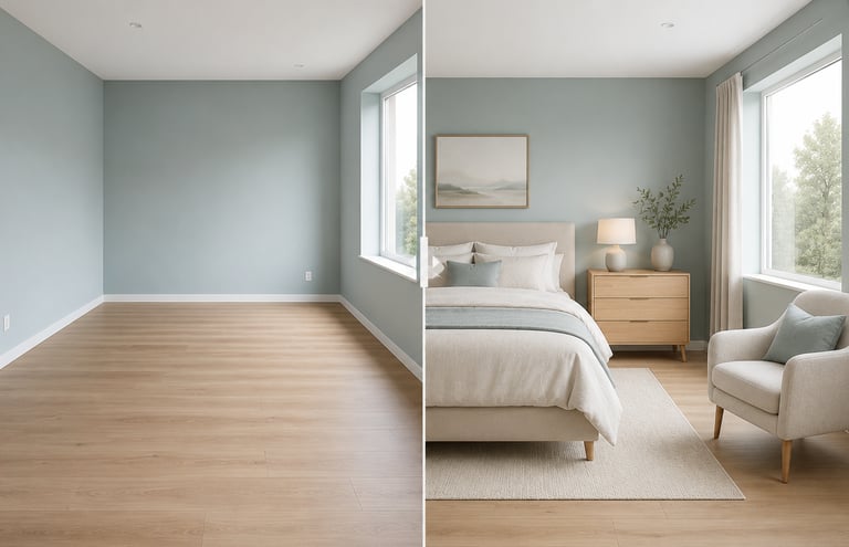 Before and after virtual staging of a modern bedroom with light oak floors and soft sage green walls.
