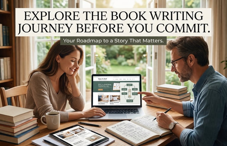 Two people working together on a laptop with books and notes in a bright room