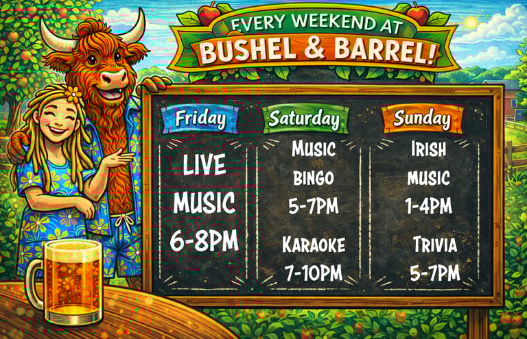 A chalkboard schedule for live music and events at Bushel & Barrel with a cartoon bull and woman.