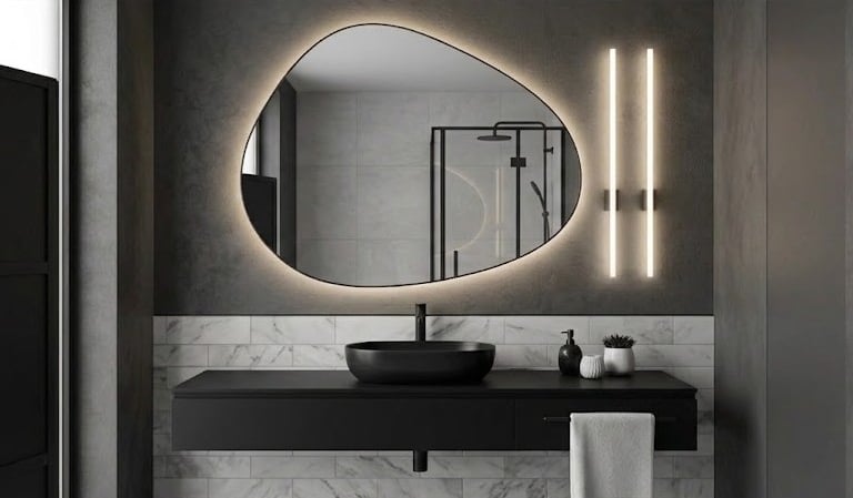 Miroir organique rétroéclairé dans une salle de bain noire.