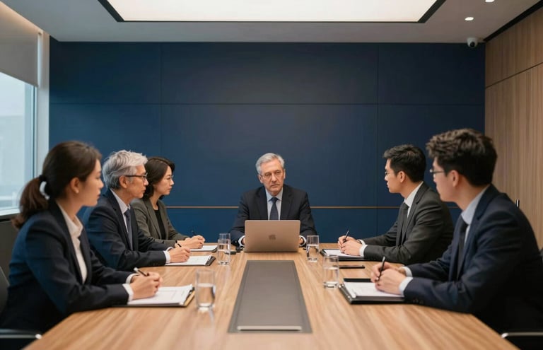 A team of focused professionals collaborating in a high-end International / Global boardroom. The lighting is crisp and the decor features sophisticated deep navy blue accents.