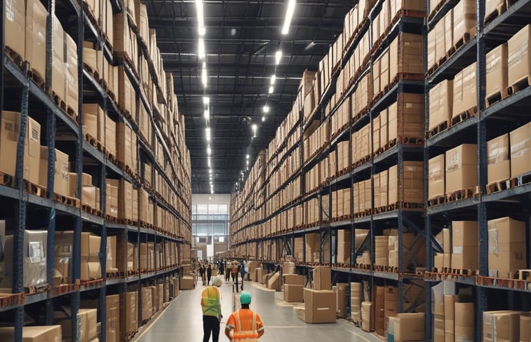 Professional business team collaborating in a modern office with a map of Asia and shipping containers visible through the window.