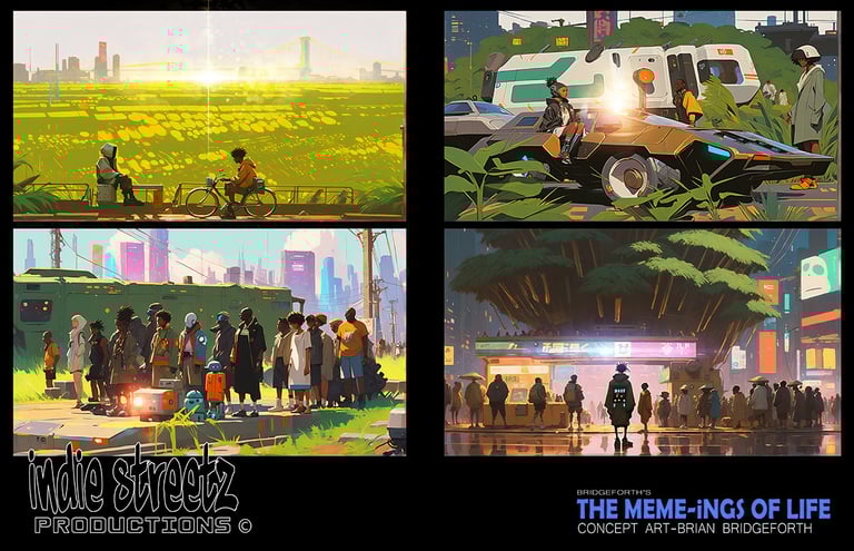 Futuristic afrofuturism concept art featuring diverse characters in a vibrant sci-fi city landscape.