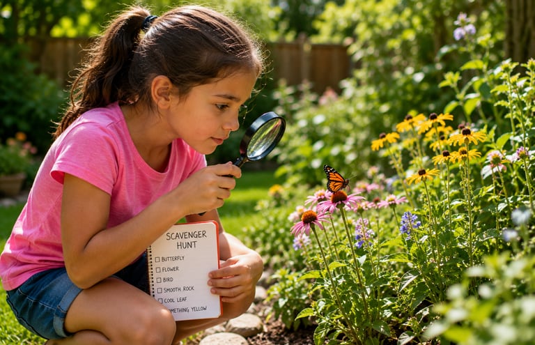 A girl looking through a magnifying glass at the flowers as part of a backyard scavenger hunt.