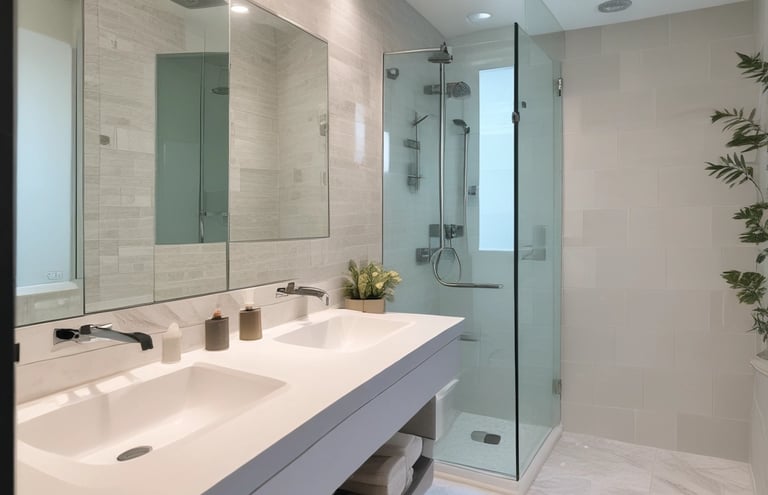 A construction site with a large amount of debris including wood and metal pieces scattered across the ground. A yellow excavator with visible treads is parked amidst the rubble. Surrounding the area are gray tarps and a residential building in the background.