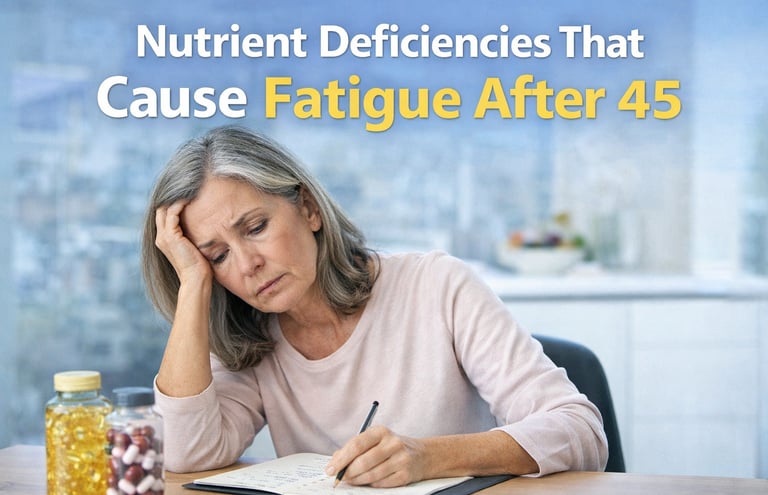 Woman over 50 looking tired reviewing nutrition notes representing nutrient deficiencies that may cause fatigue after 45
