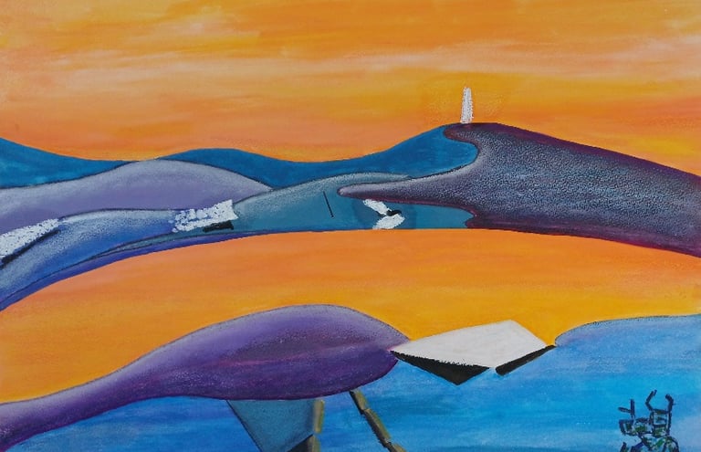 Bressay — blue-purple landforms against orange sky, Shetland island, acrylic, by Zanda