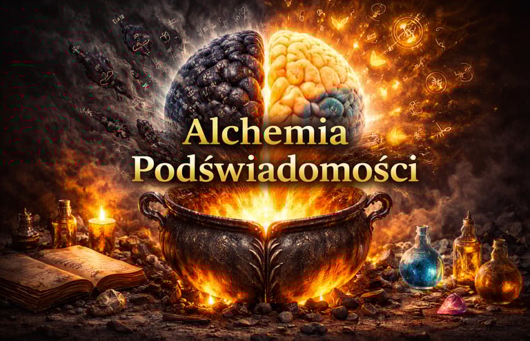 Alchemiczny kociol z plonacym mozgiem oraz polskim napisem Alchemia Podswiadomosci symboli
