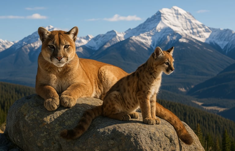 Two mountain lions resting on boulder with snow-capped peaks, symbolizing predator awareness and wilderness animal encounters