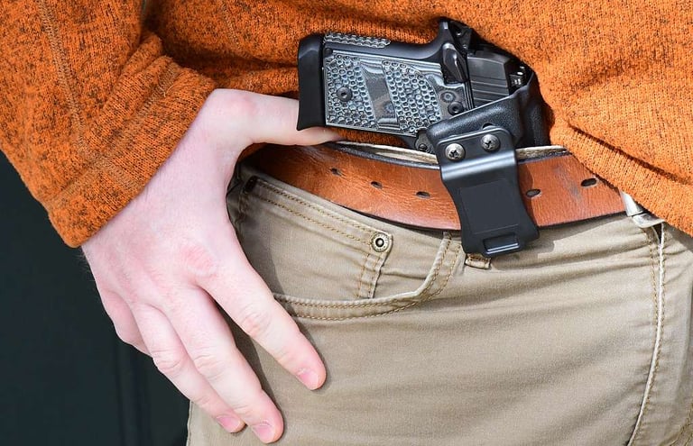 gun being concealed inside the waist band of a pair of pants