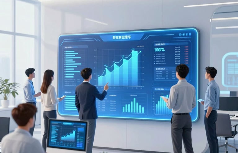 A sleek, minimalistic workspace with a laptop displaying data charts and a notebook beside it.