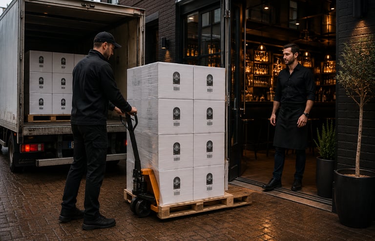 Pallets met The House Pour Vodka dozen klaar voor snelle levering aan horeca in Nederland