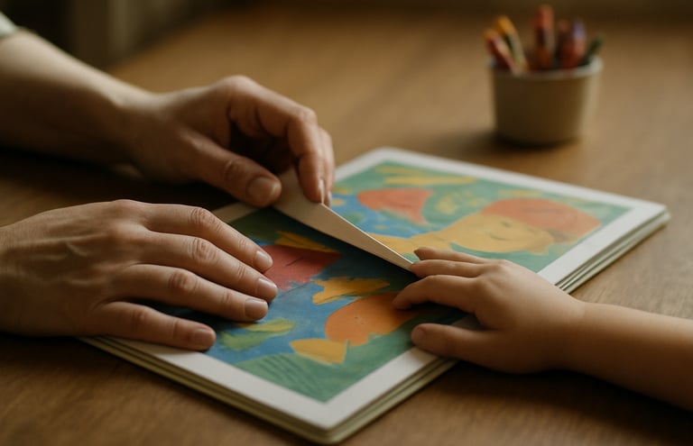 Overhead close-up of two pairs of hands — a caregiver's and a child's — turning the pages of a colorful storybook together on a warm wooden table, soft diffused window light from the left, a small cup of crayons blurred in the background