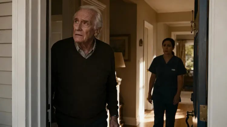 Elderly person with dementia at an open door, looking out, as a caregiver approaches gently in a warm home setting