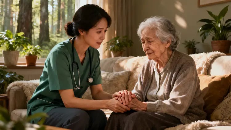 Caregiver gently holding hands with elderly loved one with dementia, conveying support and emotional connection