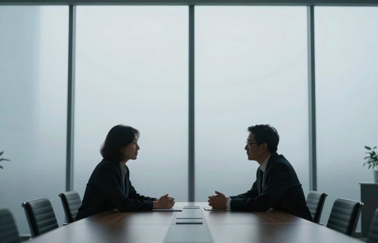 A professional conference room with frosted glass walls in a muted steel blue tone. Two silhouettes of people are seen in a polite exchange, emphasizing a discreet and reassuring connection in a corporate setting with pale mist white lighting.