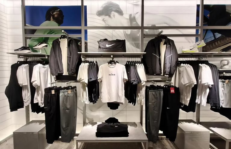 A Nike retail display featuring athletic apparel, workout shirts, jackets, and gym bags on metal racks.