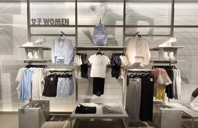 Modern women's athletic apparel display featuring Nike activewear, jackets, and shorts in a retail store.