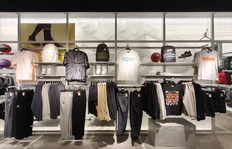 Jordan brand apparel and accessories displayed on retail clothing racks in a modern sports store.