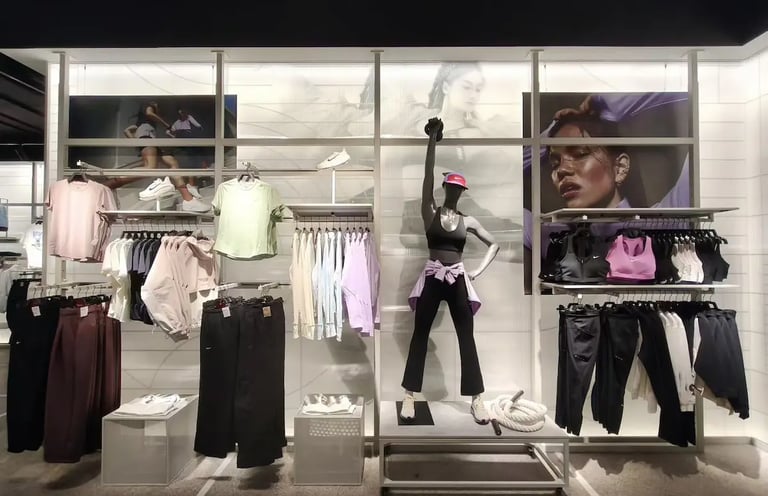 Athletic apparel display in a retail store featuring women's gym wear, leggings, and sports bras.