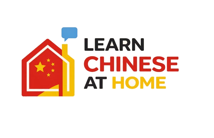 Learn Chinese at home logo featuring a house icon with the flag of China.