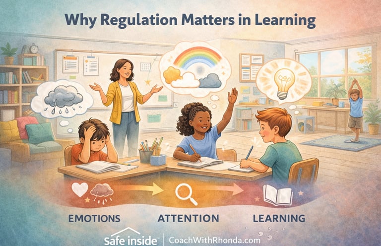 Classroom illustration showing children with different emotional states moving toward focus and lear